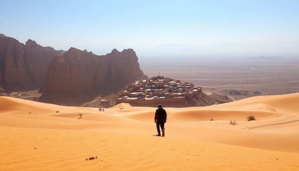 A sweltering desert landscape in Morocco, the scorching sun beating down mercilessly. In the foreground, a lone figure trudges through the golden sands, their silhouette distorted by the shimmering heat haze. In the middle ground, a traditional Moroccan village nestles between towering, sun-baked cliffs, its vibrant colors muted by the intensity of the summer. The background is a hazy, infinite expanse of azure sky, punctuated by the distant, hazy outline of the snow-capped Atlas Mountains. The scene conveys the oppressive, enveloping heat that can make summer visits to Morocco a daunting prospect. MyVisitMorocco A sweltering desert landscape in Morocco, the scorching sun beating down mercilessly. In the foreground, a lone figure trudges through the golden sands, their silhouette distorted by the shimmering heat haze. In the middle ground, a traditional Moroccan village nestles between towering, sun-baked cliffs, its vibrant colors muted by the intensity of the summer. The background is a hazy, infinite expanse of azure sky, punctuated by the distant, hazy outline of the snow-capped Atlas Mountains. The scene conveys the oppressive, enveloping heat that can make summer visits to Morocco a daunting prospect. MyVisitMorocco