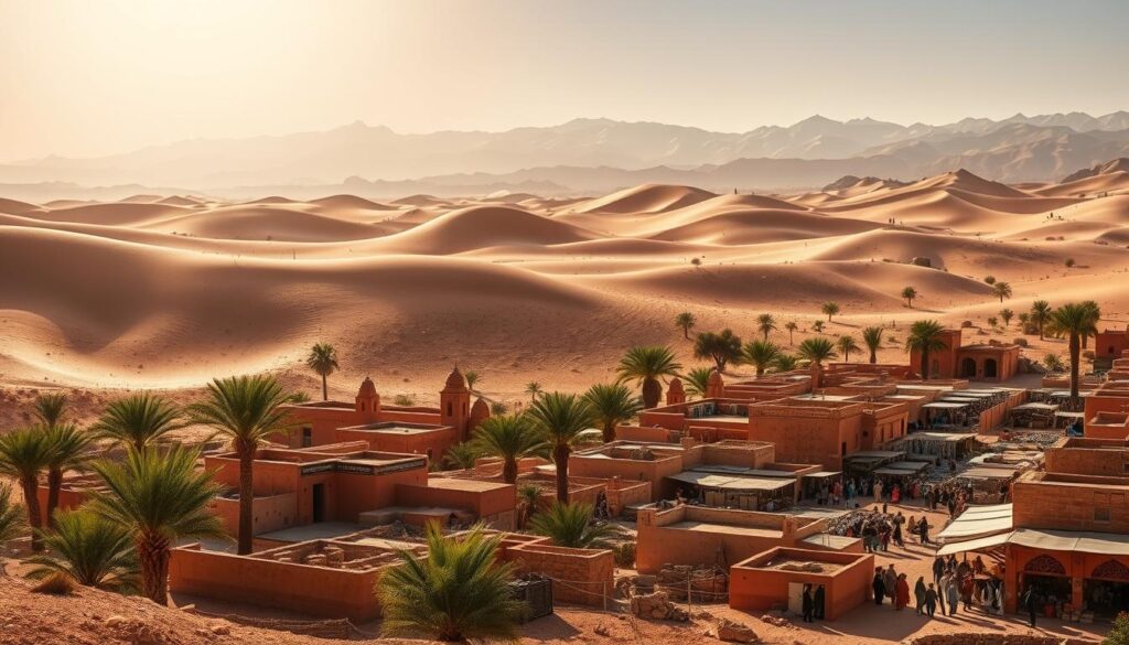 A sweltering desert landscape under the scorching August sun, shimmering heat waves rise from the parched earth. In the foreground, a traditional Moroccan village nestled among rolling dunes, its clay-brick buildings and pointed-roof structures casting long shadows. Vibrant bursts of color - lush palm trees, flowing robes, and ornate tilework - contrast the muted tones of the arid environment. In the middle ground, a bustling souk (market) where merchants peddle their wares, their faces weathered by the relentless MyVisitMorocco heat. In the distance, the majestic Atlas Mountains loom, their snow-capped peaks a tantalizing promise of respite from the scorching August temperatures. A sweltering desert landscape under the scorching August sun, shimmering heat waves rise from the parched earth. In the foreground, a traditional Moroccan village nestled among rolling dunes, its clay-brick buildings and pointed-roof structures casting long shadows. Vibrant bursts of color - lush palm trees, flowing robes, and ornate tilework - contrast the muted tones of the arid environment. In the middle ground, a bustling souk (market) where merchants peddle their wares, their faces weathered by the relentless MyVisitMorocco heat. In the distance, the majestic Atlas Mountains loom, their snow-capped peaks a tantalizing promise of respite from the scorching August temperatures.