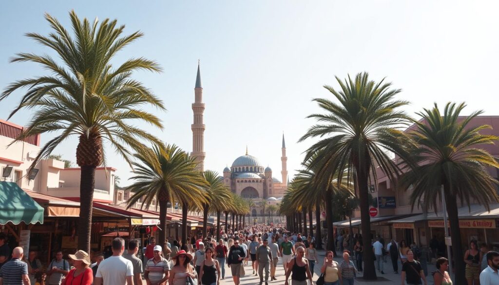 A sweltering summer day in Casablanca, Morocco. Warm sunlight bathes the bustling city streets, where palm trees sway gently in the coastal breeze. In the foreground, locals and tourists mingle, seeking refuge from the heat in the shade of colorful awnings and market stalls. The iconic Hassan II Mosque rises majestically in the middle ground, its intricate architecture and towering minaret a testament to the city's rich cultural heritage. In the distance, the sparkling waters of the Atlantic Ocean glimmer under a cloudless sky, inviting beachgoers to enjoy the peak of Casablanca's July weather. MyVisitMorocco A sweltering summer day in Casablanca, Morocco. Warm sunlight bathes the bustling city streets, where palm trees sway gently in the coastal breeze. In the foreground, locals and tourists mingle, seeking refuge from the heat in the shade of colorful awnings and market stalls. The iconic Hassan II Mosque rises majestically in the middle ground, its intricate architecture and towering minaret a testament to the city's rich cultural heritage. In the distance, the sparkling waters of the Atlantic Ocean glimmer under a cloudless sky, inviting beachgoers to enjoy the peak of Casablanca's July weather. MyVisitMorocco