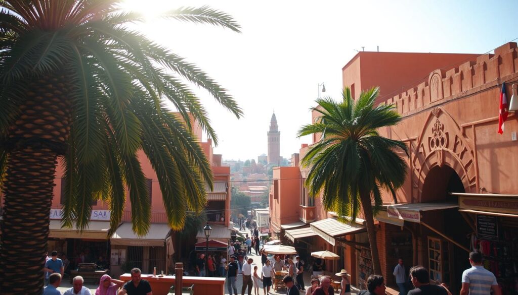 A sweltering summer day in Marrakech, the sun beating down on the ochre-hued buildings and bustling souks. In the foreground, a group of locals seeking refuge from the heat, lounging in the shade of a towering palm tree. The middle ground reveals a maze of narrow alleyways, where merchants peddle their wares and the air is thick with the scent of spices. In the distance, the iconic minaret of the Koutoubia Mosque rises against a hazy, cloudless sky. The scene exudes the vibrant energy and timeless charm of this Moroccan oasis. MyVisitMorocco A sweltering summer day in Marrakech, the sun beating down on the ochre-hued buildings and bustling souks. In the foreground, a group of locals seeking refuge from the heat, lounging in the shade of a towering palm tree. The middle ground reveals a maze of narrow alleyways, where merchants peddle their wares and the air is thick with the scent of spices. In the distance, the iconic minaret of the Koutoubia Mosque rises against a hazy, cloudless sky. The scene exudes the vibrant energy and timeless charm of this Moroccan oasis. MyVisitMorocco