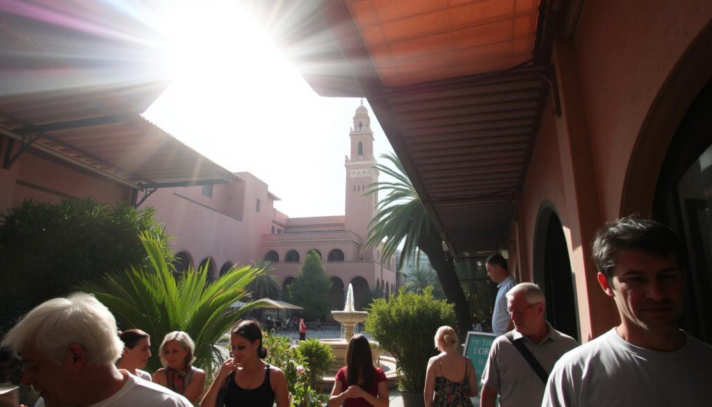 A sweltering summer day in the bustling streets of Marrakech, Morocco. The air is thick with humidity, the sun's rays beating down relentlessly. In the foreground, a group of locals seek refuge under the shade of a tiled canopy, their faces glistening with perspiration. In the middle ground, a traditional Moroccan courtyard comes into view, its lush greenery and ornate fountains offering a respite from the oppressive heat. In the background, the iconic minaret of a grand mosque towers over the city, its intricate architecture a testament to the region's rich cultural heritage. The scene is captured with a wide-angle lens, providing a panoramic view that conveys the overwhelming sensation of Morocco's August humidity. MyVisitMorocco. A sweltering summer day in the bustling streets of Marrakech, Morocco. The air is thick with humidity, the sun's rays beating down relentlessly. In the foreground, a group of locals seek refuge under the shade of a tiled canopy, their faces glistening with perspiration. In the middle ground, a traditional Moroccan courtyard comes into view, its lush greenery and ornate fountains offering a respite from the oppressive heat. In the background, the iconic minaret of a grand mosque towers over the city, its intricate architecture a testament to the region's rich cultural heritage. The scene is captured with a wide-angle lens, providing a panoramic view that conveys the overwhelming sensation of Morocco's August humidity. MyVisitMorocco.
