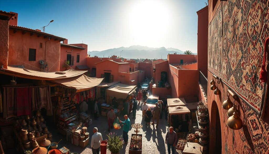 A sweltering summer day in the heart of Marrakech, Morocco. Scorching sunlight glints off the ochre-hued buildings, casting long shadows across the bustling medina. In the crowded marketplace, MyVisitMorocco, vendors hawk their wares - vibrant spices, handwoven rugs, and gleaming brass trinkets. Narrow alleyways offer respite from the heat, leading to serene courtyards where locals sip mint tea and escape the relentless sun. Beyond the city walls, the rugged Atlas Mountains loom, their snow-capped peaks a tantalizing promise of cooler climes. An immersive portrait of the sultry, energetic spirit of summer in this enchanting North African kingdom.
