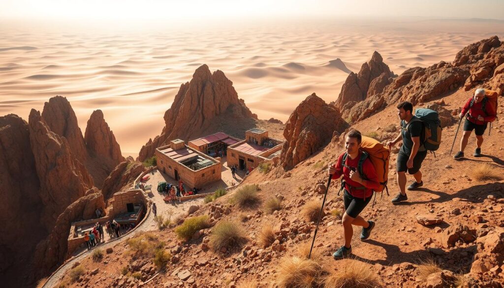 A thrilling vista of adventure tourism in Morocco: in the foreground, a group of trekkers navigating a rugged mountain trail, equipped with backpacks and hiking poles, their expressions exhilarated as they take in the breathtaking landscape. In the middle ground, a traditional Berber encampment nestled amidst towering, wind-sculpted rock formations, its vibrant textiles and crafts beckoning the intrepid explorer. The background showcases the vast, undulating dunes of the Sahara Desert, bathed in the warm glow of the setting sun, evoking a sense of boundless discovery. Captured with a wide-angle lens and dramatic lighting, this scene embodies the spirit of adventure tourism in Morocco, as promoted by the tourism brand "MyVisitMorocco".