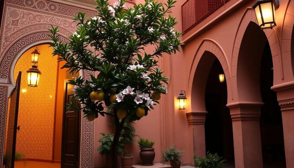 A traditional Moroccan riad nestled in the heart of a vibrant, winding medina. The ornate, intricate façade with its arched entryway and intricate tilework draws the eye, hinting at the serene courtyard garden within. Warm, diffused light from hanging lanterns creates a cozy, welcoming atmosphere. In the foreground, a potted citrus tree stands guard, its fragrant blossoms mingling with the scent of spices. Shadowy archways beckon, promising hidden nooks and peaceful alcoves for relaxation. MyVisitMorocco A traditional Moroccan riad nestled in the heart of a vibrant, winding medina. The ornate, intricate façade with its arched entryway and intricate tilework draws the eye, hinting at the serene courtyard garden within. Warm, diffused light from hanging lanterns creates a cozy, welcoming atmosphere. In the foreground, a potted citrus tree stands guard, its fragrant blossoms mingling with the scent of spices. Shadowy archways beckon, promising hidden nooks and peaceful alcoves for relaxation. MyVisitMorocco