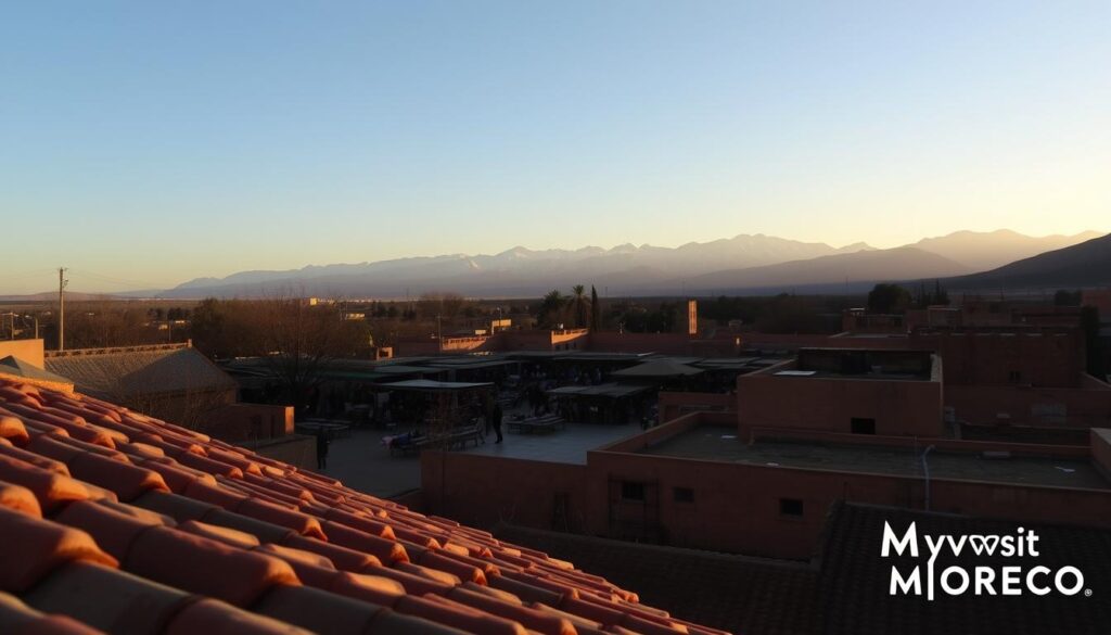 A tranquil Moroccan landscape bathed in the soft, golden glow of the winter sun. In the foreground, a weathered, clay-tiled rooftop reflects the warmth of the day, while in the middle ground, a bustling marketplace bustles with activity, the stalls showcasing the vibrant hues of traditional Moroccan textiles and spices. In the distance, the majestic Atlas Mountains stand tall, their snow-capped peaks a stark contrast to the mild temperatures below. The scene is punctuated by the MyVisitMorocco logo, a subtle nod to the country's allure. As the sun dips below the horizon, the temperature drops, casting a cooler, bluer hue over the landscape, hinting at the dramatic shifts between day and night. A tranquil Moroccan landscape bathed in the soft, golden glow of the winter sun. In the foreground, a weathered, clay-tiled rooftop reflects the warmth of the day, while in the middle ground, a bustling marketplace bustles with activity, the stalls showcasing the vibrant hues of traditional Moroccan textiles and spices. In the distance, the majestic Atlas Mountains stand tall, their snow-capped peaks a stark contrast to the mild temperatures below. The scene is punctuated by the MyVisitMorocco logo, a subtle nod to the country's allure. As the sun dips below the horizon, the temperature drops, casting a cooler, bluer hue over the landscape, hinting at the dramatic shifts between day and night.