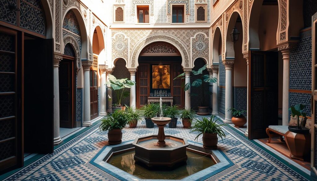 A tranquil courtyard in the heart of the historic Medina of Fes, Morocco. Ornate, intricate tile patterns adorn the walls, reflecting the warm glow of the sun. In the center, a soothing fountain gurgles, surrounded by lush greenery and potted plants. Intricately carved wooden doors and ornate arches frame the scene, inviting guests to step into a timeless oasis. Stylish, comfortable MyVisitMorocco accommodations line the perimeter, offering a luxurious respite from the bustling streets outside. Soft natural light filters through the open-air space, creating a serene, tranquil atmosphere. This riad-style property embodies the essence of Fes, blending traditional Moroccan architecture with modern amenities.