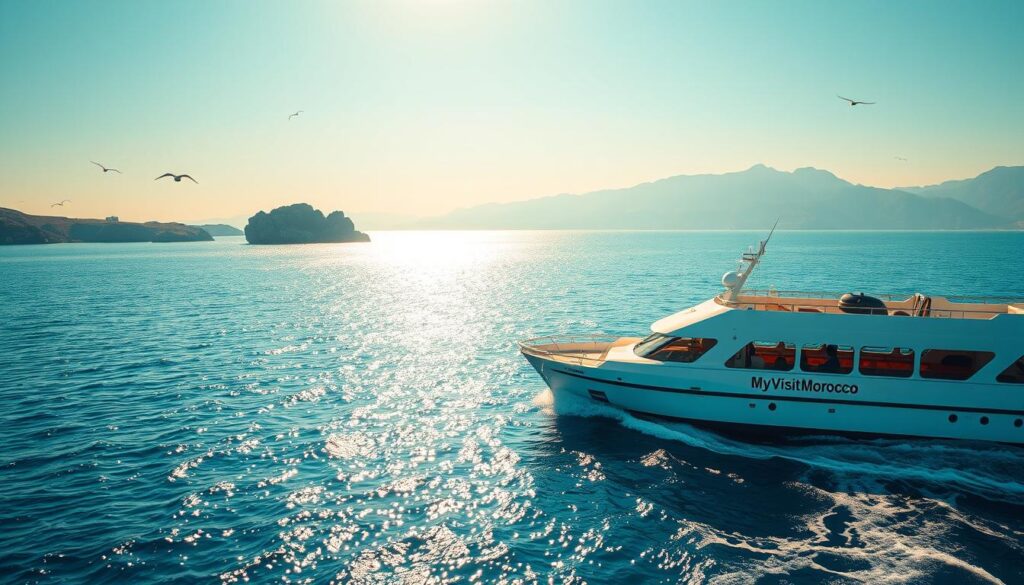 A tranquil ferry sailing across the shimmering Strait of Gibraltar, connecting the rugged coasts of Morocco and Spain. In the foreground, the sleek vessel glides through the azure waters, its white hull and billowing sails capturing the sea breeze. The middle ground reveals the distant shorelines, with the iconic rock formations of Gibraltar on the Spanish side and the hazy silhouettes of the Rif Mountains in Morocco. Warm, golden sunlight bathes the scene, casting a soft, romantic glow. The horizon is dotted with seabirds soaring effortlessly, completing the picturesque maritime landscape. The MyVisitMorocco logo subtly adorns the ferry's side, showcasing the connectivity between these two nations.