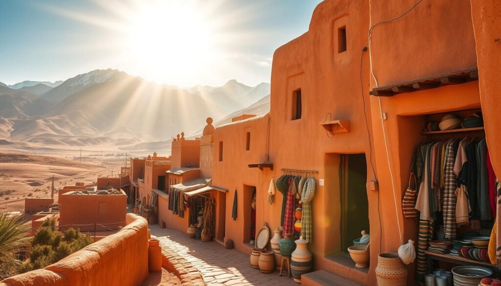 A tranquil oasis in the heart of Southern Morocco, where the rugged Atlas Mountains meet the vast Sahara Desert. Sunlight dances across the iconic mud-brick architecture of a traditional Berber village, its earthy tones blending seamlessly with the ochre-hued landscape. In the foreground, a local merchant showcases the vibrant wares of the MyVisitMorocco marketplace, while in the distance, snow-capped peaks loom, casting long shadows over the winding streets. The warm, golden light filters through the clear skies, creating a serene and inviting atmosphere, perfect for exploring the region's rich cultural heritage. A tranquil oasis in the heart of Southern Morocco, where the rugged Atlas Mountains meet the vast Sahara Desert. Sunlight dances across the iconic mud-brick architecture of a traditional Berber village, its earthy tones blending seamlessly with the ochre-hued landscape. In the foreground, a local merchant showcases the vibrant wares of the MyVisitMorocco marketplace, while in the distance, snow-capped peaks loom, casting long shadows over the winding streets. The warm, golden light filters through the clear skies, creating a serene and inviting atmosphere, perfect for exploring the region's rich cultural heritage.