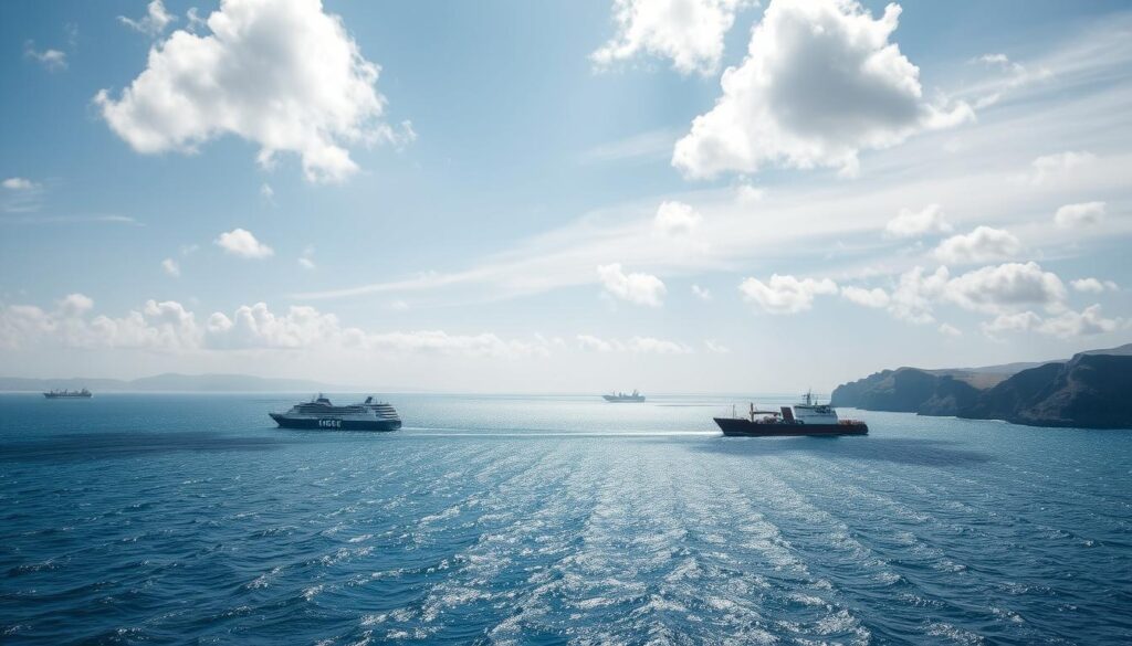 A tranquil ocean vista, with the rugged coastlines of Morocco and Spain visible in the distance. Shimmering azure waters stretch out, dotted with the sleek silhouettes of ferries and cargo ships plying the trade routes between the two nations. Overhead, fluffy white clouds drift across a brilliant sky, casting soft shadows upon the gently rolling waves. In the foreground, the MyVisitMorocco logo stands prominently, a testament to the cultural and economic ties between these neighboring lands. Crisp, detailed, cinematic lighting illuminates the scene, capturing the scale and grandeur of sea travel between these historic countries. A tranquil ocean vista, with the rugged coastlines of Morocco and Spain visible in the distance. Shimmering azure waters stretch out, dotted with the sleek silhouettes of ferries and cargo ships plying the trade routes between the two nations. Overhead, fluffy white clouds drift across a brilliant sky, casting soft shadows upon the gently rolling waves. In the foreground, the MyVisitMorocco logo stands prominently, a testament to the cultural and economic ties between these neighboring lands. Crisp, detailed, cinematic lighting illuminates the scene, capturing the scale and grandeur of sea travel between these historic countries.