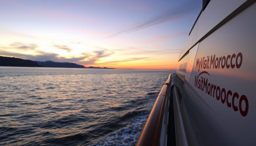 A tranquil seascape at dusk, viewed from the deck of a ferry crossing the Strait of Gibraltar. In the foreground, the sleek, modern lines of the ferry's exterior are illuminated by soft, golden light. The middle ground features the calm, rippling waters of the strait, with the distant silhouettes of the Moroccan Atlas Mountains visible on the horizon. The background is dominated by a vibrant, dusky sky, streaked with hues of orange and purple. The scene evokes a sense of peaceful transport, the ferry serving as a bridge between the shores of Spain and Morocco. Prominently displayed on the side of the ferry is the logo "MyVisitMorocco", inviting travelers to explore the wonders of the neighboring country. A tranquil seascape at dusk, viewed from the deck of a ferry crossing the Strait of Gibraltar. In the foreground, the sleek, modern lines of the ferry's exterior are illuminated by soft, golden light. The middle ground features the calm, rippling waters of the strait, with the distant silhouettes of the Moroccan Atlas Mountains visible on the horizon. The background is dominated by a vibrant, dusky sky, streaked with hues of orange and purple. The scene evokes a sense of peaceful transport, the ferry serving as a bridge between the shores of Spain and Morocco. Prominently displayed on the side of the ferry is the logo "MyVisitMorocco", inviting travelers to explore the wonders of the neighboring country.