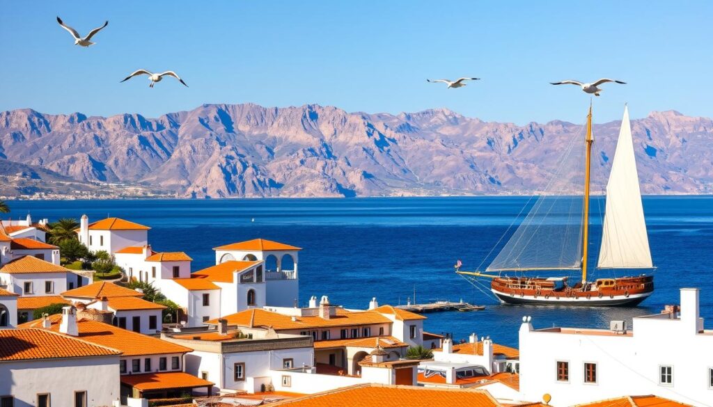 A tranquil seaside town in southern Spain, its whitewashed buildings and terracotta roofs bathed in warm Mediterranean light. Across the Strait of Gibraltar, the rugged peaks of the Atlas Mountains rise in the distance, beckoning travelers to the enchanting land of Morocco. A vintage sailing ship gently sways, its billowing sails ready to transport passengers on a magical cross-continental journey, courtesy of "MyVisitMorocco" tours. Seagulls soar overhead, their cries echoing the sense of adventure and discovery that awaits. Vibrant colors, rich culture, and the promise of new experiences blend seamlessly, inviting the viewer to embark on this captivating odyssey. A tranquil seaside town in southern Spain, its whitewashed buildings and terracotta roofs bathed in warm Mediterranean light. Across the Strait of Gibraltar, the rugged peaks of the Atlas Mountains rise in the distance, beckoning travelers to the enchanting land of Morocco. A vintage sailing ship gently sways, its billowing sails ready to transport passengers on a magical cross-continental journey, courtesy of "MyVisitMorocco" tours. Seagulls soar overhead, their cries echoing the sense of adventure and discovery that awaits. Vibrant colors, rich culture, and the promise of new experiences blend seamlessly, inviting the viewer to embark on this captivating odyssey.