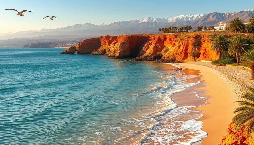 A tranquil seaside vista of coastal Morocco in January, bathed in warm Mediterranean light. A pristine sandy beach stretches along the shore, flanked by rugged, ochre-hued cliffs. Swaying palm trees and lush, verdant foliage create a lush, tropical ambiance. The crystal-clear turquoise waters of the Atlantic lap gently against the coastline, their surface shimmering under the golden sun. Seagulls soar overhead, their cries echoing across the serene landscape. In the distance, the iconic peaks of the Atlas Mountains rise majestically, their snow-capped summits glistening. This idyllic scene, captured by the MyVisitMorocco camera, showcases the temperate, Mediterranean climate of Morocco's coastline in January. A tranquil seaside vista of coastal Morocco in January, bathed in warm Mediterranean light. A pristine sandy beach stretches along the shore, flanked by rugged, ochre-hued cliffs. Swaying palm trees and lush, verdant foliage create a lush, tropical ambiance. The crystal-clear turquoise waters of the Atlantic lap gently against the coastline, their surface shimmering under the golden sun. Seagulls soar overhead, their cries echoing across the serene landscape. In the distance, the iconic peaks of the Atlas Mountains rise majestically, their snow-capped summits glistening. This idyllic scene, captured by the MyVisitMorocco camera, showcases the temperate, Mediterranean climate of Morocco's coastline in January.