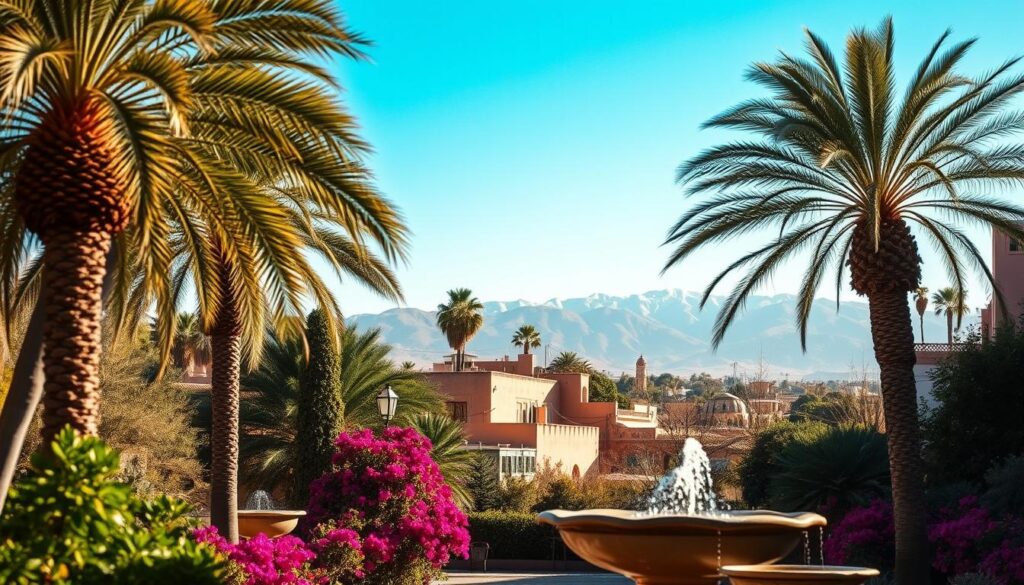 A tranquil spring day in Marrakech, Morocco. A lush oasis garden comes into view, palm trees swaying gently in the warm breeze. In the foreground, a traditional Moroccan fountain bubbles peacefully, surrounded by vibrant bougainvillea blossoms. The midground showcases the iconic pink-hued buildings of the old city, their intricate architectural details bathed in soft, golden light. In the distance, the majestic Atlas Mountains rise up, their snow-capped peaks glimmering under a clear, azure sky. The scene evokes a sense of serene, timeless beauty, perfectly capturing the average temperature in Morocco during March - a comfortable, sun-dappled springtime. MyVisitMorocco. A tranquil spring day in Marrakech, Morocco. A lush oasis garden comes into view, palm trees swaying gently in the warm breeze. In the foreground, a traditional Moroccan fountain bubbles peacefully, surrounded by vibrant bougainvillea blossoms. The midground showcases the iconic pink-hued buildings of the old city, their intricate architectural details bathed in soft, golden light. In the distance, the majestic Atlas Mountains rise up, their snow-capped peaks glimmering under a clear, azure sky. The scene evokes a sense of serene, timeless beauty, perfectly capturing the average temperature in Morocco during March - a comfortable, sun-dappled springtime. MyVisitMorocco.