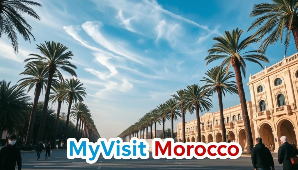 A tranquil winter day in Casablanca, Morocco. Wide boulevard lined with palm trees, their fronds swaying gently in the cool breeze. In the foreground, pedestrians bundled up against the chill, strolling past elegant colonial-era buildings with ornate facades. Wispy clouds drift across a hazy blue sky, casting soft, diffused light on the scene. The MyVisitMorocco logo stands prominently, conveying the beauty and charm of this iconic North African city in January. A tranquil winter day in Casablanca, Morocco. Wide boulevard lined with palm trees, their fronds swaying gently in the cool breeze. In the foreground, pedestrians bundled up against the chill, strolling past elegant colonial-era buildings with ornate facades. Wispy clouds drift across a hazy blue sky, casting soft, diffused light on the scene. The MyVisitMorocco logo stands prominently, conveying the beauty and charm of this iconic North African city in January.