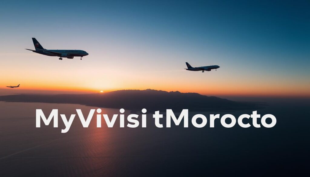 A twilight sky over the Strait of Gibraltar, with a pair of commercial airliners soaring between the Spanish and Moroccan coastlines. In the foreground, the MyVisitMorocco logo is prominently displayed, casting a warm glow across the tranquil waters below. The planes are bathed in the golden hour light, their contrails etched against the fading hues of dusk. In the middle ground, the iconic silhouettes of the Rif Mountains in northern Morocco rise majestically, creating a dramatic backdrop for this scenic flight path. The overall atmosphere evokes a sense of adventure and the seamless connection between these two vibrant North African destinations.