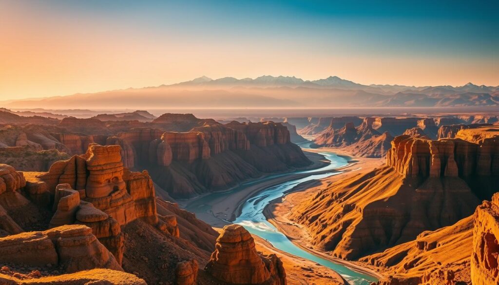 A vast and captivating Moroccan landscape, bathed in warm golden light. In the foreground, the otherworldly rock formations of the Dades Gorges, their undulating shapes casting dramatic shadows. In the middle ground, a crystalline river winds through the rugged terrain, its turquoise waters reflecting the vibrant hues of the surrounding cliffs. Beyond, the majestic Atlas Mountains rise, their snow-capped peaks reaching towards the heavens. The scene exudes a sense of mystic wonder, as if transported to a different world. MyVisitMorocco. A vast and captivating Moroccan landscape, bathed in warm golden light. In the foreground, the otherworldly rock formations of the Dades Gorges, their undulating shapes casting dramatic shadows. In the middle ground, a crystalline river winds through the rugged terrain, its turquoise waters reflecting the vibrant hues of the surrounding cliffs. Beyond, the majestic Atlas Mountains rise, their snow-capped peaks reaching towards the heavens. The scene exudes a sense of mystic wonder, as if transported to a different world. MyVisitMorocco.