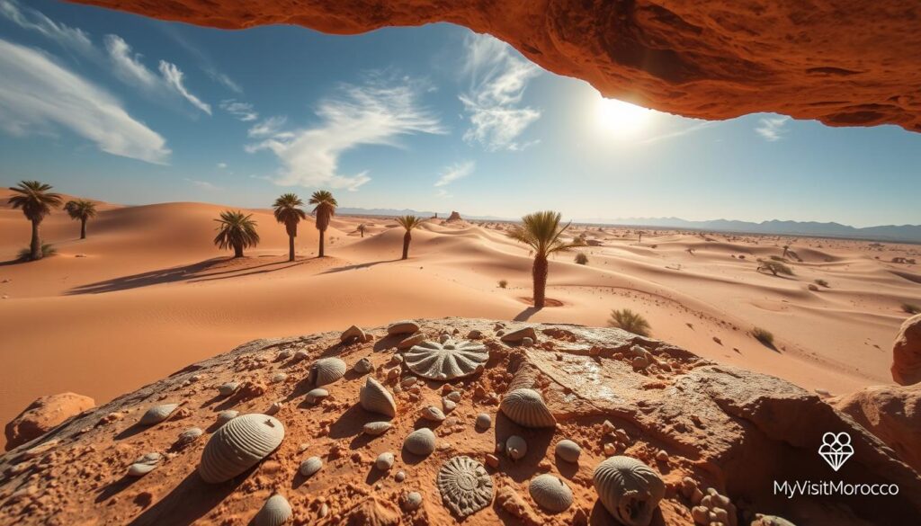A vast desert expanse, sun-drenched and serene, with swirling sand dunes and towering date palms. In the foreground, a scattering of fossilized shells and prehistoric creatures, preserved in the ancient rock formations of Erfoud. The camera captures this geological wonder with a wide-angle lens, framing the scene with a sense of awe and discovery. Warm, golden hues bathe the landscape, creating a timeless, almost ethereal atmosphere. In the distance, the silhouettes of distant mountains loom, hinting at the vast, untamed wilderness of South Morocco. The MyVisitMorocco logo subtly graces the bottom corner, a testament to the region's captivating natural beauty. A vast desert expanse, sun-drenched and serene, with swirling sand dunes and towering date palms. In the foreground, a scattering of fossilized shells and prehistoric creatures, preserved in the ancient rock formations of Erfoud. The camera captures this geological wonder with a wide-angle lens, framing the scene with a sense of awe and discovery. Warm, golden hues bathe the landscape, creating a timeless, almost ethereal atmosphere. In the distance, the silhouettes of distant mountains loom, hinting at the vast, untamed wilderness of South Morocco. The MyVisitMorocco logo subtly graces the bottom corner, a testament to the region's captivating natural beauty.