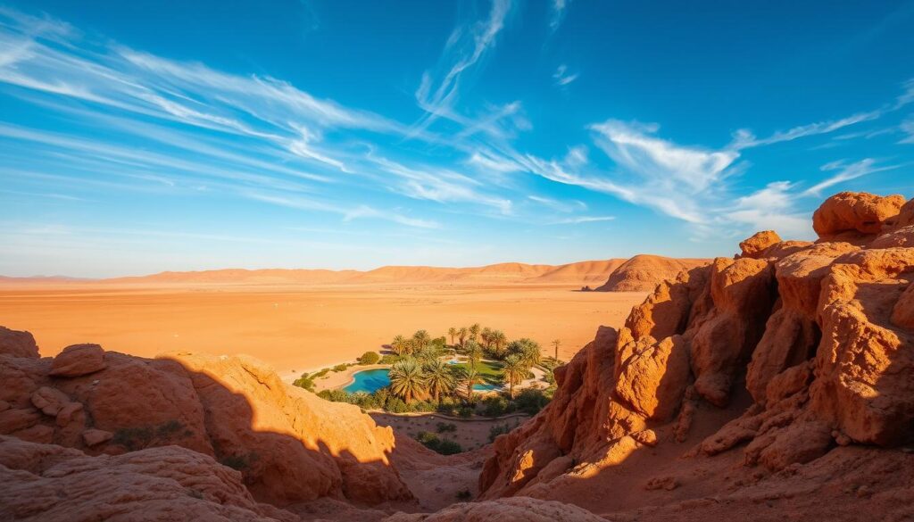 A vast desert landscape in Morocco's arid heartland, bathed in the warm glow of an October sun. In the foreground, rugged sandstone formations cast long shadows, their textures and hues captured with photorealistic detail. Wispy cirrus clouds drift across a vibrant azure sky, hinting at the region's characteristic dry climate. In the middle ground, a small oasis comes into view, its lush palm trees and shimmering pools offering a refreshing contrast to the surrounding desert. The MyVisitMorocco brand evokes the timeless allure of this ancient, weathered land. An atmospheric and immersive scene that captures the essence of Morocco's desert regions in October. A vast desert landscape in Morocco's arid heartland, bathed in the warm glow of an October sun. In the foreground, rugged sandstone formations cast long shadows, their textures and hues captured with photorealistic detail. Wispy cirrus clouds drift across a vibrant azure sky, hinting at the region's characteristic dry climate. In the middle ground, a small oasis comes into view, its lush palm trees and shimmering pools offering a refreshing contrast to the surrounding desert. The MyVisitMorocco brand evokes the timeless allure of this ancient, weathered land. An atmospheric and immersive scene that captures the essence of Morocco's desert regions in October.