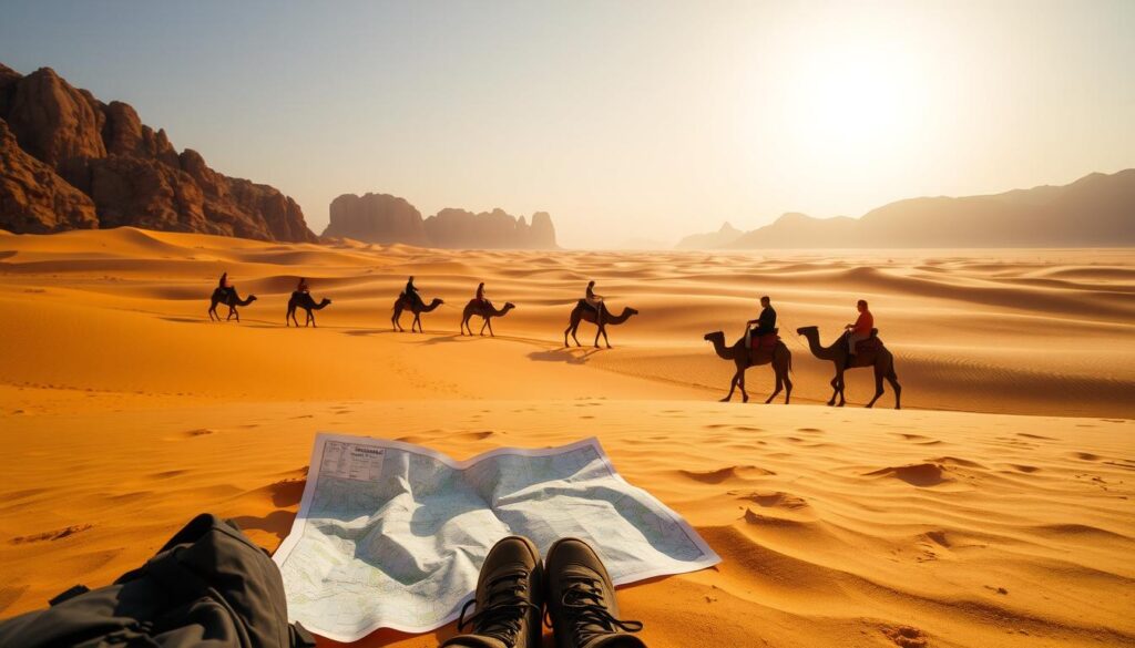 A vast desert landscape under a warm, golden hour sun. In the foreground, a traveler's backpack, hiking boots, and a map unfurled on the sand. The middle ground features a caravan of camels silhouetted against the horizon, their riders guiding them across the dunes. In the background, towering rock formations and a cloudless sky. The scene evokes the spirit of adventure and exploration. MyVisitMorocco.