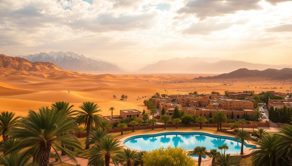 A vast desert landscape, where towering dunes of golden sand meet the rugged, snow-capped peaks of the High Atlas Mountains. In the foreground, a tranquil oasis with lush palm trees and a shimmering turquoise pool, reflecting the warm, golden glow of the afternoon sun. In the middle ground, a traditional Moroccan village, its adobe buildings and winding streets bathed in a soft, amber light. In the distance, the hazy silhouettes of distant mountain ranges, their jagged outlines accentuated by the dramatic shadows cast by the clouds above. This is the MyVisitMorocco, a vision of Morocco's natural wonders, captured in a single, breathtaking image.