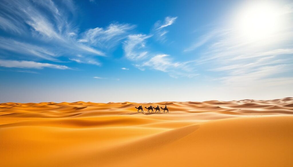 A vast expanse of golden dunes, bathed in the warm glow of a December sun, stretches out under a clear, azure sky. Wispy cirrus clouds drift lazily overhead, casting delicate shadows on the undulating landscape. In the middle distance, a lone Bedouin camel caravan makes its way across the desert, its silhouettes standing in stark contrast against the horizon. The scene is imbued with a sense of tranquility and timelessness, capturing the essence of the Sahara Desert's weather in this season. MyVisitMorocco A vast expanse of golden dunes, bathed in the warm glow of a December sun, stretches out under a clear, azure sky. Wispy cirrus clouds drift lazily overhead, casting delicate shadows on the undulating landscape. In the middle distance, a lone Bedouin camel caravan makes its way across the desert, its silhouettes standing in stark contrast against the horizon. The scene is imbued with a sense of tranquility and timelessness, capturing the essence of the Sahara Desert's weather in this season. MyVisitMorocco