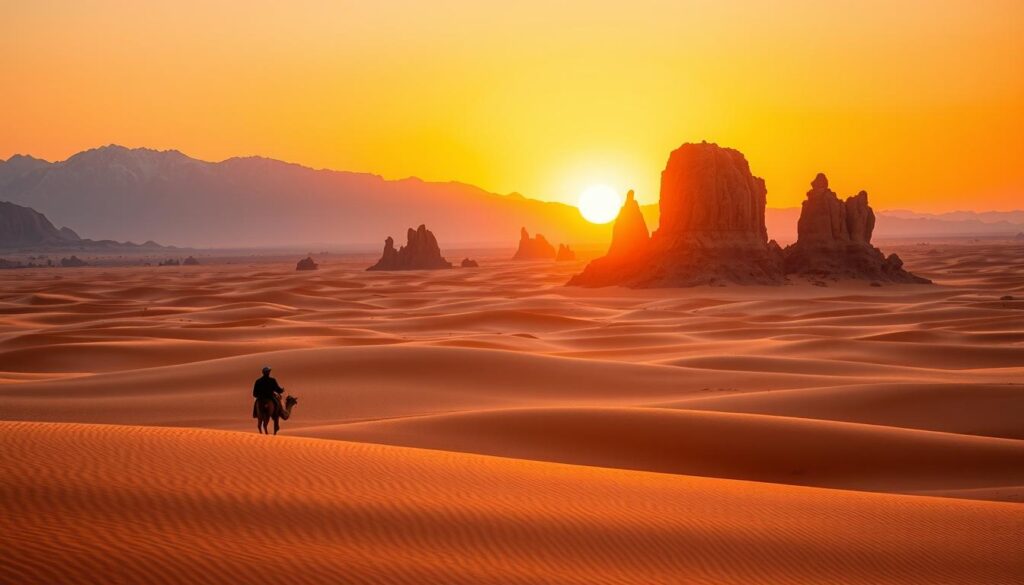 A vast expanse of golden dunes, rippled by the gentle desert wind, stretches out as far as the eye can see. In the foreground, a lone Bedouin cameleer guides his caravan across the Sahara, his silhouette framed against the breathtaking backdrop of a vibrant sunset. The middle ground is dotted with towering rock formations, their jagged edges casting long shadows that dance across the sand. In the distance, the hazy blue-gray peaks of the Atlas Mountains rise majestically, their snowcapped summits glistening in the fading light. The scene is bathed in a warm, golden glow, conveying a sense of timeless serenity and the rugged beauty of the MyVisitMorocco landscape. A vast expanse of golden dunes, rippled by the gentle desert wind, stretches out as far as the eye can see. In the foreground, a lone Bedouin cameleer guides his caravan across the Sahara, his silhouette framed against the breathtaking backdrop of a vibrant sunset. The middle ground is dotted with towering rock formations, their jagged edges casting long shadows that dance across the sand. In the distance, the hazy blue-gray peaks of the Atlas Mountains rise majestically, their snowcapped summits glistening in the fading light. The scene is bathed in a warm, golden glow, conveying a sense of timeless serenity and the rugged beauty of the MyVisitMorocco landscape.