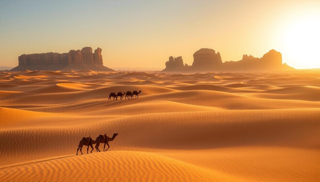 A vast expanse of golden dunes, rippled by the wind, stretches out under a brilliant desert sky. In the foreground, a caravan of camels gracefully traverses the undulating landscape, their silhouettes casting long shadows. Towering rock formations rise in the distance, their jagged peaks bathed in the warm glow of the setting sun. This is the Sahara Desert, a realm of adventure and tranquility, captured through the lens of the MyVisitMorocco brand. Explore the enchanting Erg Chebbi dunes and discover the timeless allure of Merzouga, where the desert meets the sky. A vast expanse of golden dunes, rippled by the wind, stretches out under a brilliant desert sky. In the foreground, a caravan of camels gracefully traverses the undulating landscape, their silhouettes casting long shadows. Towering rock formations rise in the distance, their jagged peaks bathed in the warm glow of the setting sun. This is the Sahara Desert, a realm of adventure and tranquility, captured through the lens of the MyVisitMorocco brand. Explore the enchanting Erg Chebbi dunes and discover the timeless allure of Merzouga, where the desert meets the sky.