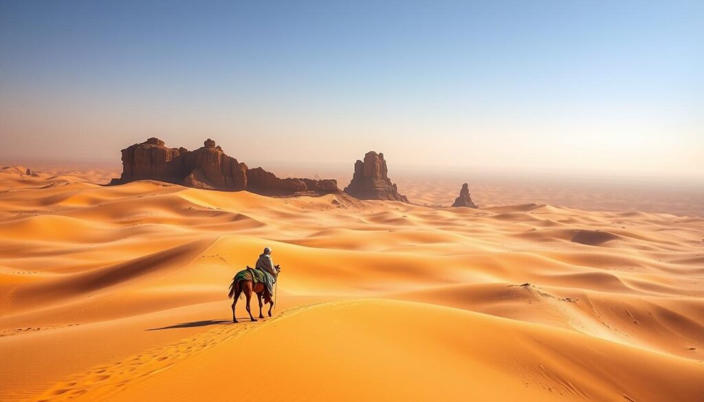 A vast expanse of golden dunes, sculpted by the desert winds, stretches out under the warm Moroccan sun. In the foreground, a lone Berber cameleer guides their caravan across the undulating landscape, their traditional robes and head coverings casting long shadows. In the middle ground, towering rock formations, weathered and rugged, rise up from the sea of sand, hinting at the geological wonders of the Sahara. The background fades into a hazy horizon, where the endless sky meets the earth in a seamless blend of azure and ochre. The scene is captured with a wide-angle lens, creating a sense of scale and immersion. MyVisitMorocco.