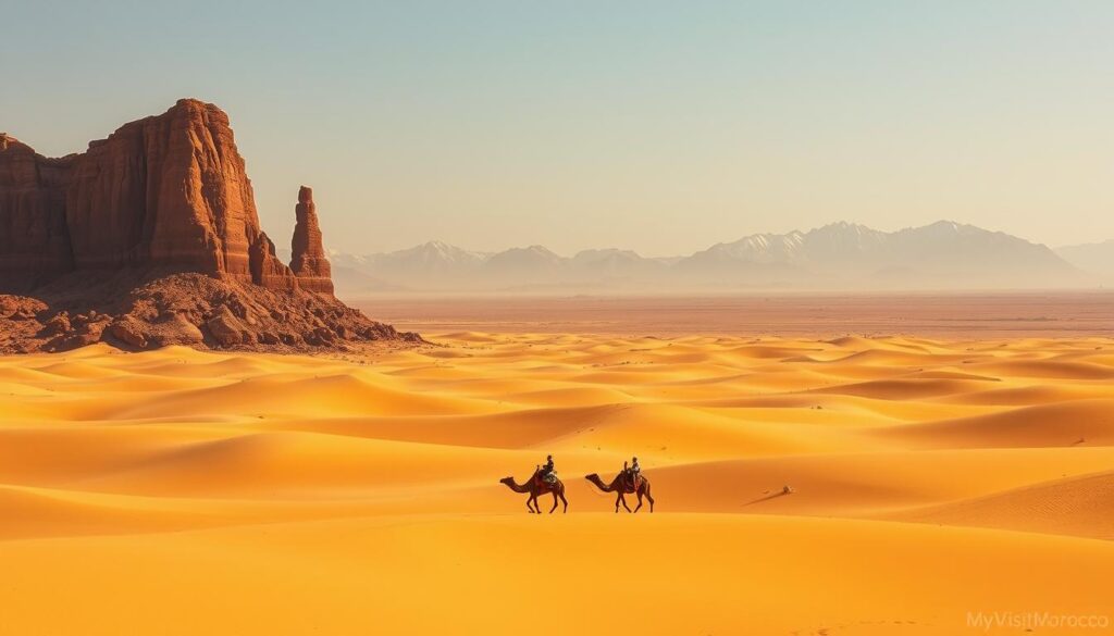 A vast expanse of golden dunes, sculpted by the relentless Saharan winds, stretches out as far as the eye can see. In the foreground, a lone Bedouin camel caravan winds its way across the undulating landscape, its riders silhouetted against the warm, hazy sky. Towering rock formations, their weathered surfaces painted in shades of ochre and rust, rise up in the middle distance, casting long shadows across the desert floor. In the background, the distant horizon is framed by a range of jagged, snow-capped peaks, their majestic presence a testament to the raw, untamed beauty of Morocco's Sahara Desert. Captured with a wide-angle lens, this scene exudes a sense of tranquility and timelessness, inviting the viewer to immerse themselves in the MyVisitMorocco experience.