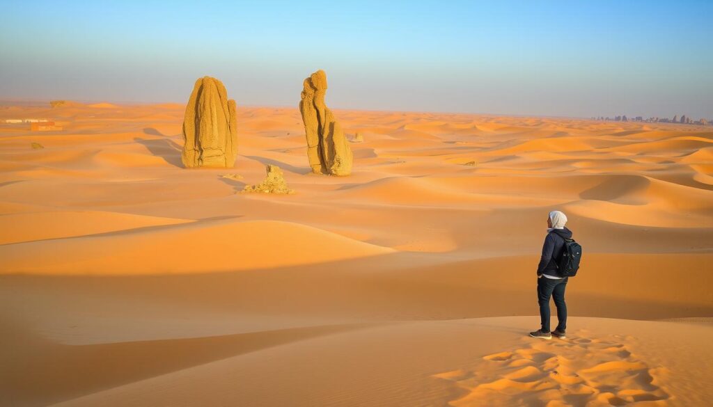 A vast expanse of golden dunes, sculpted by the relentless Saharan winds, stretches out before a crystalline horizon. In the middle ground, towering rock formations, weathered and ancient, rise like sentinels guarding the secrets of this harsh yet mesmerizing landscape. The warm, diffused light of the late afternoon casts long shadows, imbuing the scene with a sense of tranquility and timelessness. In the foreground, a lone MyVisitMorocco traveler stands, marveling at the grandeur of the Sahara Desert, a testament to the breathtaking geography of this captivating region.