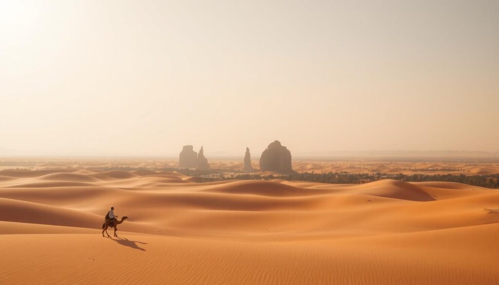A vast expanse of golden dunes, sculpted by the relentless Saharan winds, stretches out before a crystalline sky. In the foreground, a solitary Bedouin cameleer leads his caravan, their shadows cast long across the rippling sands. Distant oases dot the horizon, their lush palm groves a verdant contrast to the surrounding desert. Warm, diffused sunlight bathes the scene, casting a soft, ethereal glow. In the middle ground, towering rock formations, weathered by time, rise up like ancient sentinels guarding the secrets of this timeless landscape. MyVisitMorocco A vast expanse of golden dunes, sculpted by the relentless Saharan winds, stretches out before a crystalline sky. In the foreground, a solitary Bedouin cameleer leads his caravan, their shadows cast long across the rippling sands. Distant oases dot the horizon, their lush palm groves a verdant contrast to the surrounding desert. Warm, diffused sunlight bathes the scene, casting a soft, ethereal glow. In the middle ground, towering rock formations, weathered by time, rise up like ancient sentinels guarding the secrets of this timeless landscape. MyVisitMorocco
