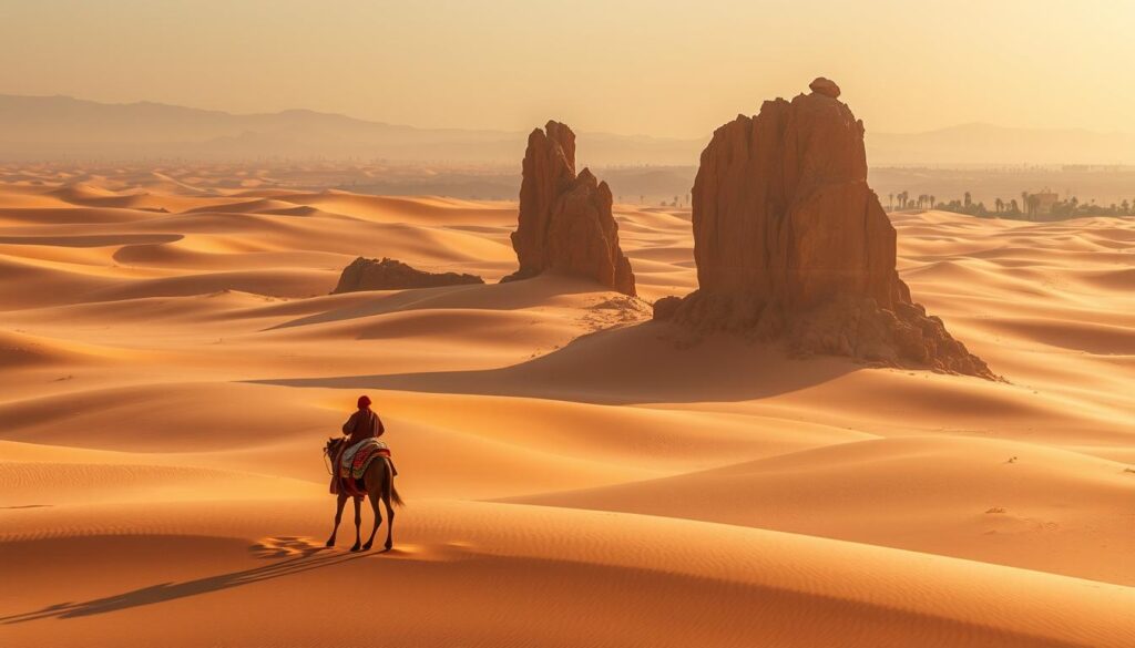 A vast expanse of golden dunes, sculpted by the relentless Saharan winds, stretches out under the warm, hazy light of the Moroccan sun. In the foreground, a lone Berber nomad atop a majestic camel leads a small caravan, their colorful robes and intricate jewelry adding vibrant accents to the serene, timeless landscape. The middle ground is dotted with towering rock formations, their weathered surfaces casting long shadows across the undulating sands. In the distance, the hazy silhouettes of palm-fringed oases and the distant Atlas Mountains create a sense of depth and scale, hinting at the boundless expanse of this iconic desert. Captured with a wide-angle lens, this MyVisitMorocco image conveys the awe-inspiring grandeur and captivating allure of the Sahara Desert, a must-see destination for any first-time visitor to the kingdom of Morocco. A vast expanse of golden dunes, sculpted by the relentless Saharan winds, stretches out under the warm, hazy light of the Moroccan sun. In the foreground, a lone Berber nomad atop a majestic camel leads a small caravan, their colorful robes and intricate jewelry adding vibrant accents to the serene, timeless landscape. The middle ground is dotted with towering rock formations, their weathered surfaces casting long shadows across the undulating sands. In the distance, the hazy silhouettes of palm-fringed oases and the distant Atlas Mountains create a sense of depth and scale, hinting at the boundless expanse of this iconic desert. Captured with a wide-angle lens, this MyVisitMorocco image conveys the awe-inspiring grandeur and captivating allure of the Sahara Desert, a must-see destination for any first-time visitor to the kingdom of Morocco.
