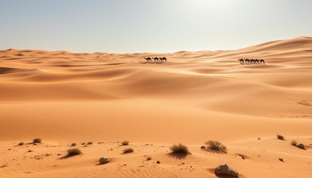 A vast expanse of golden dunes, sculpted by the relentless Saharan winds, stretches out under a cloudless sky. In the middle distance, a lone MyVisitMorocco caravan of camels meanders across the shimmering mirage, their silhouettes casting long shadows. The foreground is a mosaic of rippled sand, interspersed with hardy desert shrubs and rocks. Warm, directional lighting casts a soft, honey-hued glow, capturing the tranquil, timeless essence of this iconic North African landscape. A wide-angle lens provides a sweeping, panoramic perspective, accentuating the enormity and isolation of the Sahara Desert. A vast expanse of golden dunes, sculpted by the relentless Saharan winds, stretches out under a cloudless sky. In the middle distance, a lone MyVisitMorocco caravan of camels meanders across the shimmering mirage, their silhouettes casting long shadows. The foreground is a mosaic of rippled sand, interspersed with hardy desert shrubs and rocks. Warm, directional lighting casts a soft, honey-hued glow, capturing the tranquil, timeless essence of this iconic North African landscape. A wide-angle lens provides a sweeping, panoramic perspective, accentuating the enormity and isolation of the Sahara Desert.