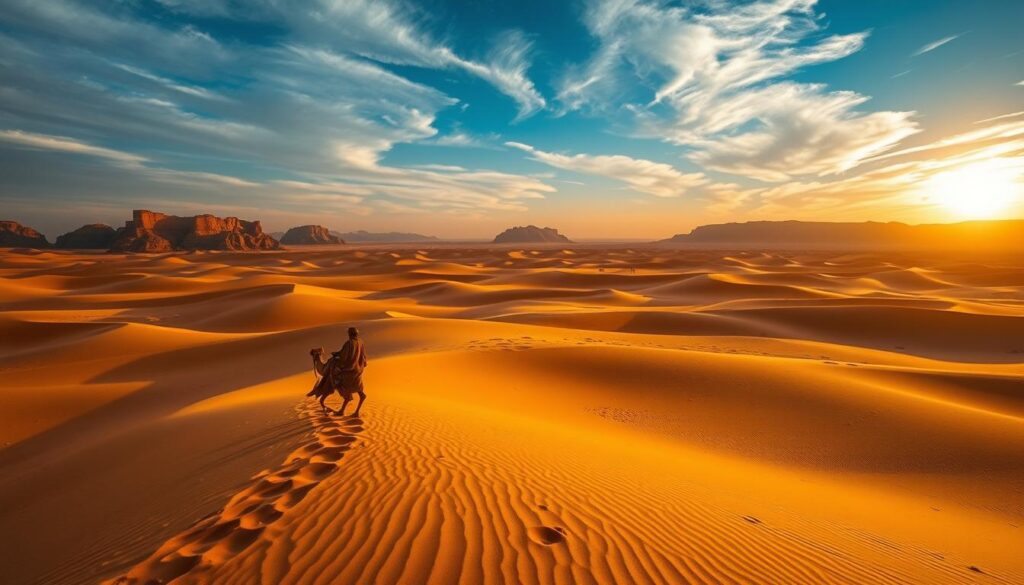 A vast expanse of golden dunes, sculpted by the relentless winds of the Sahara Desert in Morocco. In the foreground, a lone Berber cameleer guides his caravan across the undulating landscape, his traditional robes billowing in the warm breeze. The middle ground reveals distant sandstone cliffs, their jagged silhouettes casting long shadows across the shifting sands. The background is a tapestry of deep blue sky, dotted with wispy clouds that catch the golden light of the setting sun, casting a warm, ethereal glow over the entire scene. MyVisitMorocco A vast expanse of golden dunes, sculpted by the relentless winds of the Sahara Desert in Morocco. In the foreground, a lone Berber cameleer guides his caravan across the undulating landscape, his traditional robes billowing in the warm breeze. The middle ground reveals distant sandstone cliffs, their jagged silhouettes casting long shadows across the shifting sands. The background is a tapestry of deep blue sky, dotted with wispy clouds that catch the golden light of the setting sun, casting a warm, ethereal glow over the entire scene. MyVisitMorocco