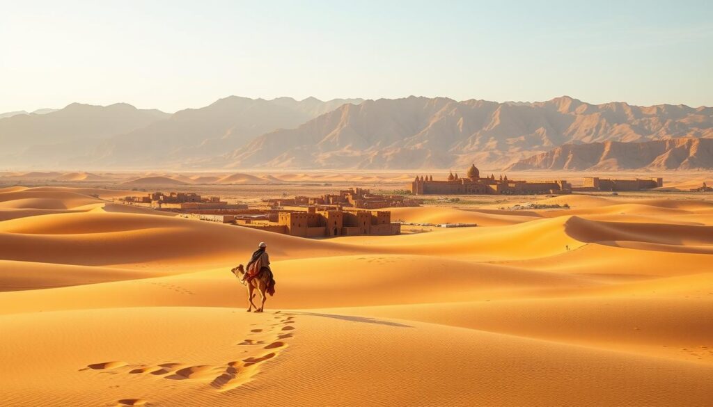 A vast expanse of golden dunes, sculpted by the wind, stretches across the Sahara Desert in Morocco. In the foreground, a lone Berber cameleer guides their caravan, their traditional robes billowing in the warm breeze. The middle ground reveals ancient fortified cities, their mud-brick walls standing as a testament to the region's storied past. In the distance, rugged mountains rise, their peaks kissed by the setting sun, casting a warm glow over the entire scene. This evocative landscape, captured through the lens of a wide-angle camera, exudes a sense of timelessness and the enduring significance of the Sahara in Moroccan history and culture. MyVisitMorocco