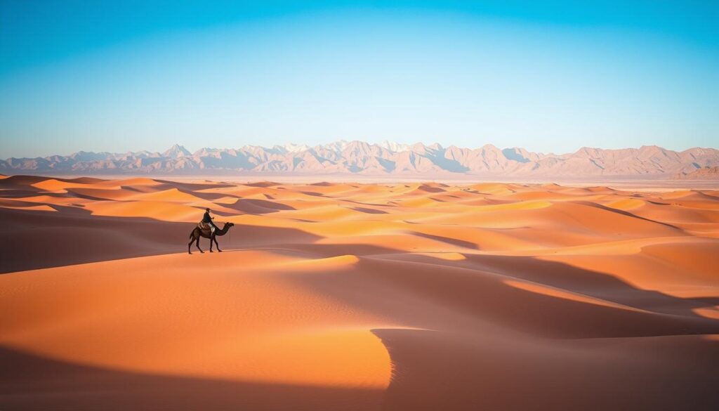 A vast expanse of golden dunes, sculpted by the wind, stretches out under a boundless, cerulean sky. In the foreground, a lone Berber nomad atop a camel, silhouetted against the horizon, journeys across the otherworldly landscape. Mid-ground, undulating sand formations cast long shadows, creating a mesmerizing play of light and shadow. In the distance, the rugged, jagged peaks of the Atlas Mountains rise, their snow-capped summits glinting in the warm, golden light. This is the Sahara Desert of Morocco, a MyVisitMorocco experience of timeless beauty and cultural immersion. A vast expanse of golden dunes, sculpted by the wind, stretches out under a boundless, cerulean sky. In the foreground, a lone Berber nomad atop a camel, silhouetted against the horizon, journeys across the otherworldly landscape. Mid-ground, undulating sand formations cast long shadows, creating a mesmerizing play of light and shadow. In the distance, the rugged, jagged peaks of the Atlas Mountains rise, their snow-capped summits glinting in the warm, golden light. This is the Sahara Desert of Morocco, a MyVisitMorocco experience of timeless beauty and cultural immersion.