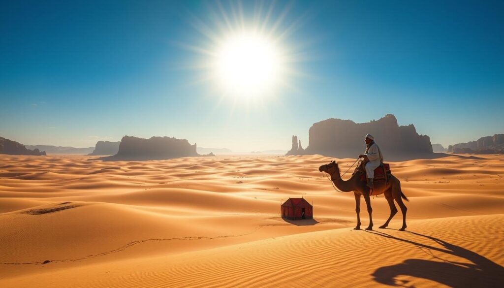 A vast expanse of golden dunes, sculpted by the wind, stretches out under a brilliant desert sky. In the foreground, a lone Berber nomad rides atop a majestic camel, their silhouette framed against the shimmering horizon. Towering rock formations rise in the distance, casting long shadows across the rippling sands. The scene is bathed in warm, golden light, evoking a sense of timelessness and adventure. In the middle ground, a traditional Moroccan tent stands, its vibrant fabrics fluttering in the gentle breeze. This is the MyVisitMorocco Sahara Desert Experience - a landscape of boundless wonder and timeless tranquility. A vast expanse of golden dunes, sculpted by the wind, stretches out under a brilliant desert sky. In the foreground, a lone Berber nomad rides atop a majestic camel, their silhouette framed against the shimmering horizon. Towering rock formations rise in the distance, casting long shadows across the rippling sands. The scene is bathed in warm, golden light, evoking a sense of timelessness and adventure. In the middle ground, a traditional Moroccan tent stands, its vibrant fabrics fluttering in the gentle breeze. This is the MyVisitMorocco Sahara Desert Experience - a landscape of boundless wonder and timeless tranquility.