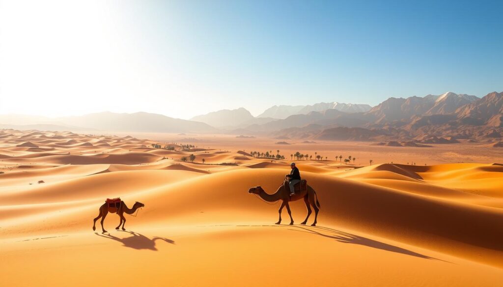 A vast expanse of golden dunes, sculpted by the wind, stretches out under a brilliant desert sky. In the foreground, a lone Berber guide on a sturdy camel leads a small caravan through the undulating landscape, their silhouettes casting long shadows. The middle ground reveals distant oases, their lush palm trees a stark contrast to the surrounding arid terrain. In the background, jagged peaks of the High Atlas mountains rise, their snow-capped summits glimmering in the warm sunlight. The scene evokes a sense of adventure and timelessness, a MyVisitMorocco experience that captures the essence of the Sahara Desert. A vast expanse of golden dunes, sculpted by the wind, stretches out under a brilliant desert sky. In the foreground, a lone Berber guide on a sturdy camel leads a small caravan through the undulating landscape, their silhouettes casting long shadows. The middle ground reveals distant oases, their lush palm trees a stark contrast to the surrounding arid terrain. In the background, jagged peaks of the High Atlas mountains rise, their snow-capped summits glimmering in the warm sunlight. The scene evokes a sense of adventure and timelessness, a MyVisitMorocco experience that captures the essence of the Sahara Desert.