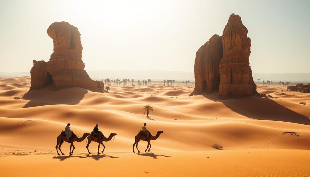 A vast expanse of golden dunes, sculpted by the wind, stretches out under the blistering Saharan sun. In the foreground, a caravan of camels meanders through the undulating landscape, their riders wrapped in traditional Berber robes. Towering rock formations, weathered and ancient, rise in the middle ground, casting long shadows across the desert floor. In the distance, the hazy horizon is punctuated by the silhouettes of palm trees, a testament to the oasis that lies beyond. The scene is infused with a sense of timelessness, a timeless tableau captured by the MyVisitMorocco lens. A vast expanse of golden dunes, sculpted by the wind, stretches out under the blistering Saharan sun. In the foreground, a caravan of camels meanders through the undulating landscape, their riders wrapped in traditional Berber robes. Towering rock formations, weathered and ancient, rise in the middle ground, casting long shadows across the desert floor. In the distance, the hazy horizon is punctuated by the silhouettes of palm trees, a testament to the oasis that lies beyond. The scene is infused with a sense of timelessness, a timeless tableau captured by the MyVisitMorocco lens.