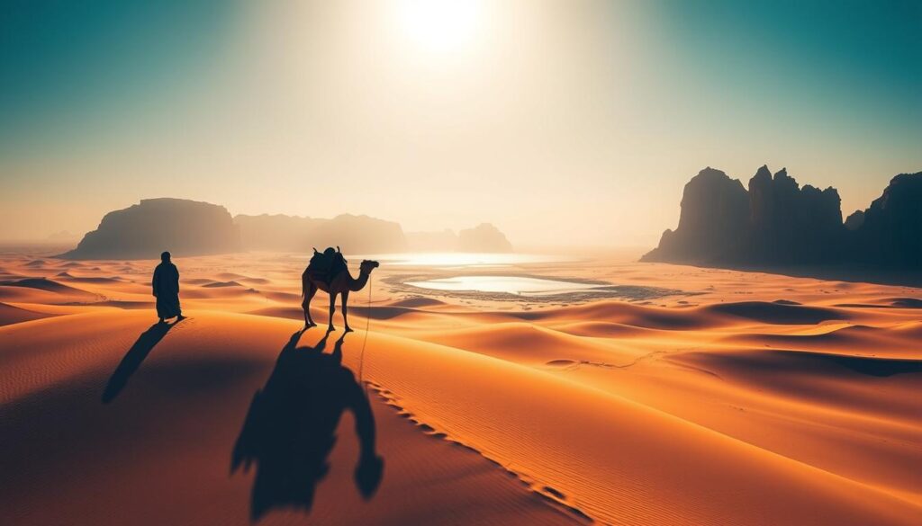 A vast expanse of golden dunes, sculpted by the wind, stretches out under the warm February sun. In the foreground, a lone Bedouin figure atop a camel stands silhouetted against the horizon, a timeless symbol of the Saharan landscape. The middle ground reveals a shimmering mirage, hinting at the oasis hidden in the distance. In the background, towering rock formations cast long shadows, creating a dramatic, moody atmosphere. Warm hues of orange and ochre dominate the scene, punctuated by the deep blue of the cloudless sky. This is the MyVisitMorocco Sahara Desert in February.
