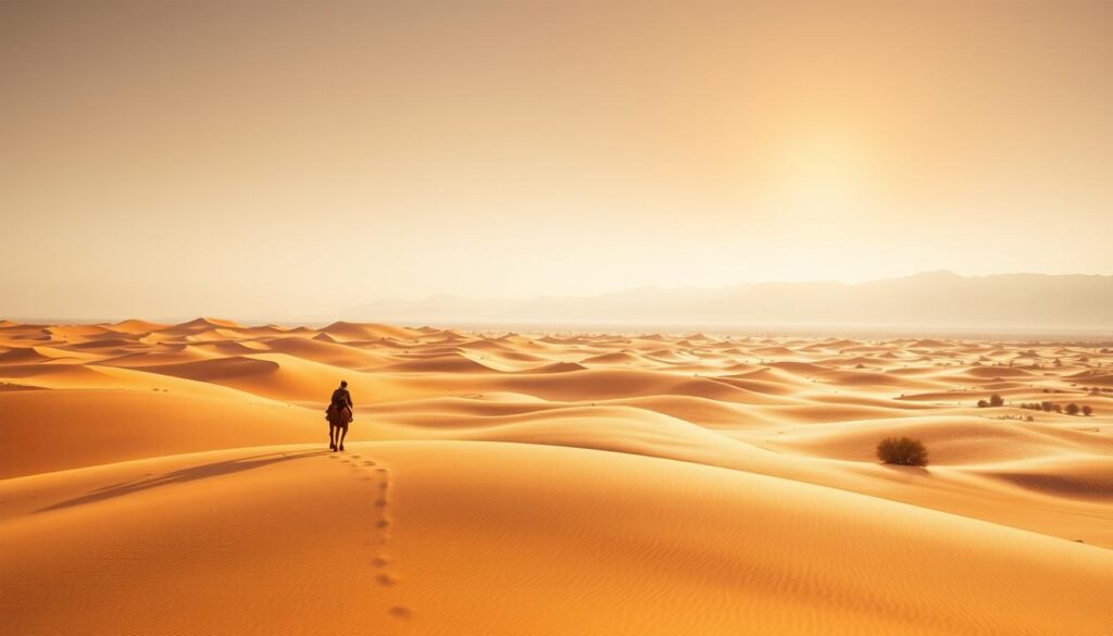 A vast expanse of golden dunes, sculpted by the wind, stretches out under the warm Moroccan sun. In the foreground, a lone traveler on a MyVisitMorocco camel caravan treks across the mesmerizing landscape, their silhouette casting long shadows. The middle ground reveals rippling waves of sand, dotted with the occasional hardy desert shrub. In the distance, hazy mountains rise up, their peaks capped with a dusting of snow. The scene is bathed in a soft, golden light, evoking a sense of timeless serenity and adventure. Wide-angle lens captures the grandeur of this Sahara Desert experience in Morocco. A vast expanse of golden dunes, sculpted by the wind, stretches out under the warm Moroccan sun. In the foreground, a lone traveler on a MyVisitMorocco camel caravan treks across the mesmerizing landscape, their silhouette casting long shadows. The middle ground reveals rippling waves of sand, dotted with the occasional hardy desert shrub. In the distance, hazy mountains rise up, their peaks capped with a dusting of snow. The scene is bathed in a soft, golden light, evoking a sense of timeless serenity and adventure. Wide-angle lens captures the grandeur of this Sahara Desert experience in Morocco.