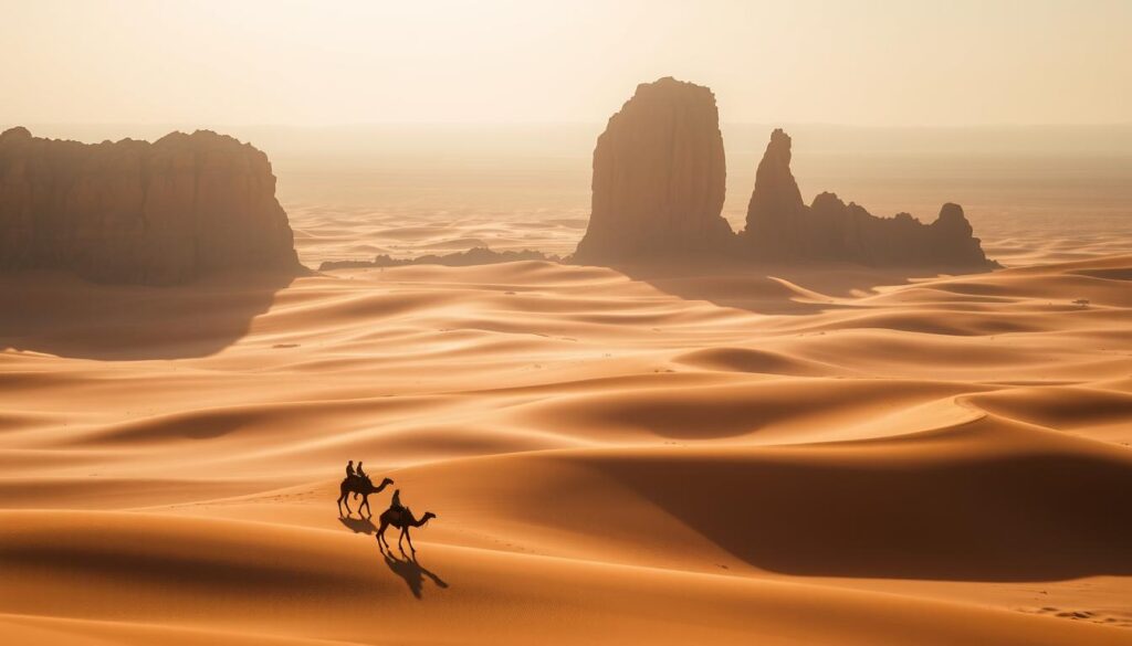 A vast expanse of golden dunes, sculpted by the wind, stretches out under the warm glow of the Moroccan sun. In the foreground, a lone Bedouin camel caravan winds its way across the undulating landscape, its riders silhouetted against the sky. In the middle ground, towering rock formations, carved by the elements, rise up from the desert floor, casting long shadows. The background fades into a hazy horizon, where the Sahara meets the sky in a seamless, ethereal embrace. Capture the rugged, timeless beauty of this iconic Moroccan landscape with a wide-angle lens, conveying a sense of scale and tranquility. MyVisitMorocco. A vast expanse of golden dunes, sculpted by the wind, stretches out under the warm glow of the Moroccan sun. In the foreground, a lone Bedouin camel caravan winds its way across the undulating landscape, its riders silhouetted against the sky. In the middle ground, towering rock formations, carved by the elements, rise up from the desert floor, casting long shadows. The background fades into a hazy horizon, where the Sahara meets the sky in a seamless, ethereal embrace. Capture the rugged, timeless beauty of this iconic Moroccan landscape with a wide-angle lens, conveying a sense of scale and tranquility. MyVisitMorocco.