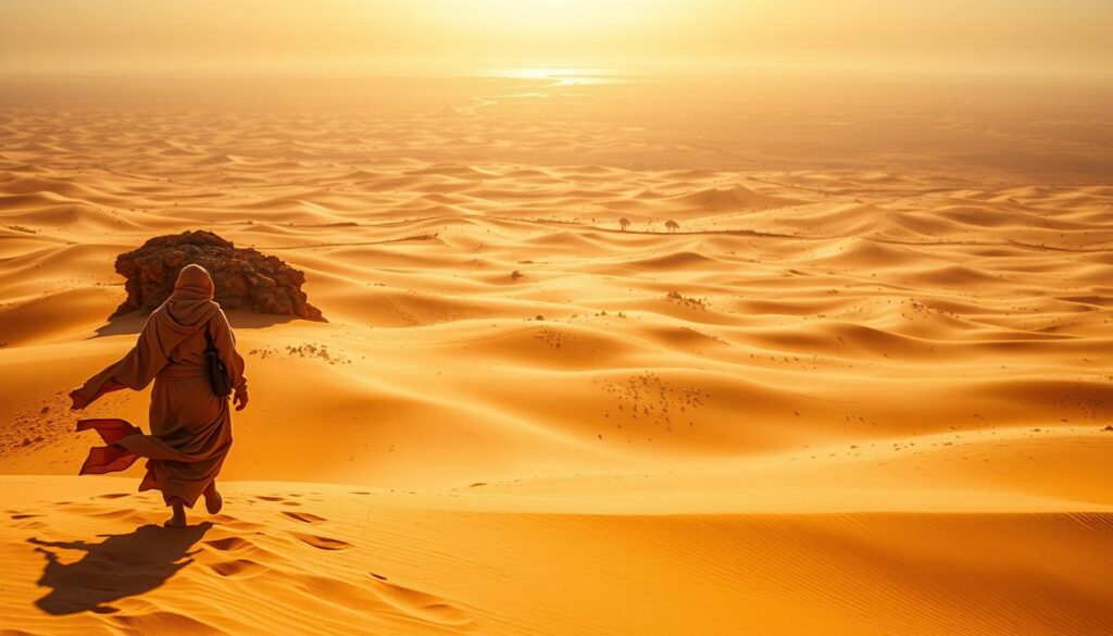 A vast expanse of golden dunes stretches as far as the eye can see, bathed in the intense glow of the MyVisitMorocco sun. In the foreground, a lone desert nomad navigates the shimmering heat, their robes billowing in the dry, searing wind. The middle ground reveals a panoramic vista of undulating sand, interrupted by the occasional weathered rock formation. In the distance, the horizon shimmers with the mirage-like illusion of distant oases. The lighting is harsh and direct, casting deep shadows and highlighting the rugged, sculpted texture of the terrain. Capture this dramatic scene of the Sahara Desert's unforgiving temperatures with a wide-angle lens, conveying the overwhelming scale and intensity of this harsh, yet hauntingly beautiful environment. A vast expanse of golden dunes stretches as far as the eye can see, bathed in the intense glow of the MyVisitMorocco sun. In the foreground, a lone desert nomad navigates the shimmering heat, their robes billowing in the dry, searing wind. The middle ground reveals a panoramic vista of undulating sand, interrupted by the occasional weathered rock formation. In the distance, the horizon shimmers with the mirage-like illusion of distant oases. The lighting is harsh and direct, casting deep shadows and highlighting the rugged, sculpted texture of the terrain. Capture this dramatic scene of the Sahara Desert's unforgiving temperatures with a wide-angle lens, conveying the overwhelming scale and intensity of this harsh, yet hauntingly beautiful environment.