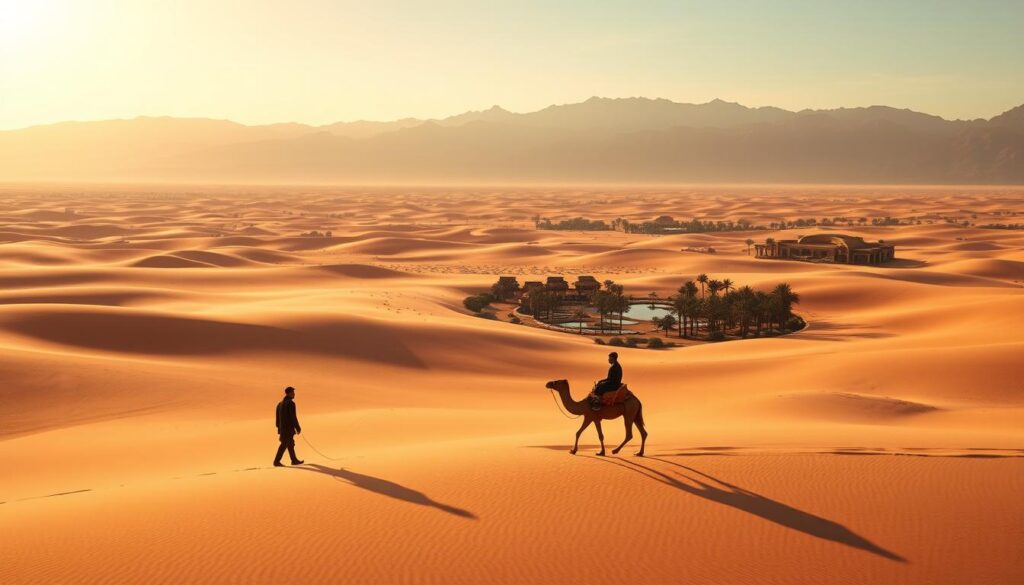 A vast expanse of golden dunes stretches as far as the eye can see, casting long shadows in the warm afternoon light. In the foreground, a lone Berber traveler on a camel leads a caravan, their silhouettes etched against the hazy horizon. The middle ground reveals a oasis, its lush palm trees and shimmering pools a stark contrast to the surrounding desert. In the distance, rugged mountains rise, their peaks capped in snow. The scene exudes a sense of timeless tranquility, a serene landscape untouched by the modern world. MyVisitMorocco A vast expanse of golden dunes stretches as far as the eye can see, casting long shadows in the warm afternoon light. In the foreground, a lone Berber traveler on a camel leads a caravan, their silhouettes etched against the hazy horizon. The middle ground reveals a oasis, its lush palm trees and shimmering pools a stark contrast to the surrounding desert. In the distance, rugged mountains rise, their peaks capped in snow. The scene exudes a sense of timeless tranquility, a serene landscape untouched by the modern world. MyVisitMorocco