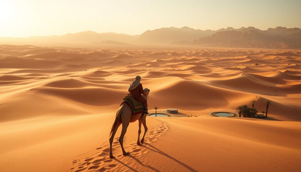 A vast expanse of golden dunes stretches as far as the eye can see, undulating in the warm desert breeze. In the foreground, a lone Berber traveler atop a majestic camel, silhouetted against the setting sun, their traditional garments billowing. The middle ground reveals a small oasis, its lush palm trees and shimmering pools a welcome respite from the endless sands. In the distance, the rugged, sun-kissed peaks of the Atlas Mountains rise, their jagged silhouettes framing the scene. The lighting is soft and warm, casting a golden glow over the entire landscape. Captured with a wide-angle lens to convey the scale and grandeur of MyVisitMorocco's Sahara Desert. A vast expanse of golden dunes stretches as far as the eye can see, undulating in the warm desert breeze. In the foreground, a lone Berber traveler atop a majestic camel, silhouetted against the setting sun, their traditional garments billowing. The middle ground reveals a small oasis, its lush palm trees and shimmering pools a welcome respite from the endless sands. In the distance, the rugged, sun-kissed peaks of the Atlas Mountains rise, their jagged silhouettes framing the scene. The lighting is soft and warm, casting a golden glow over the entire landscape. Captured with a wide-angle lens to convey the scale and grandeur of MyVisitMorocco's Sahara Desert.