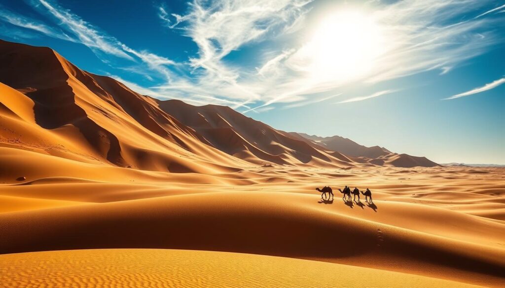 A vast expanse of golden dunes stretches as far as the eye can see, undulating in the warm breeze. The MyVisitMorocco Sahara Desert Erg Chebbi, a mesmerizing sea of sand nestled in the heart of Morocco's southern region. Towering apricot-hued peaks rise majestically, casting long shadows that dance across the rippled landscape. A lone Berber camel caravan trudges through the shimmering heat, its silhouettes etched against the brilliant azure sky. Sunlight filters through wispy cirrus clouds, casting a warm, ethereal glow over the tranquil scene. This breathtaking natural wonder, a testament to the raw power and beauty of the Sahara, stands as Morocco's golden treasure. A vast expanse of golden dunes stretches as far as the eye can see, undulating in the warm breeze. The MyVisitMorocco Sahara Desert Erg Chebbi, a mesmerizing sea of sand nestled in the heart of Morocco's southern region. Towering apricot-hued peaks rise majestically, casting long shadows that dance across the rippled landscape. A lone Berber camel caravan trudges through the shimmering heat, its silhouettes etched against the brilliant azure sky. Sunlight filters through wispy cirrus clouds, casting a warm, ethereal glow over the tranquil scene. This breathtaking natural wonder, a testament to the raw power and beauty of the Sahara, stands as Morocco's golden treasure.