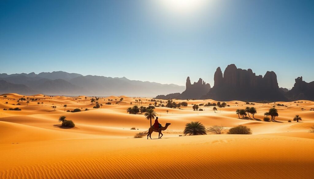 A vast expanse of golden dunes stretches out under a brilliant blue sky, with the peaks of the Atlas Mountains visible on the horizon. In the foreground, a lone Berber traveler on a camel crosses the sands, their silhouette framed against the warm, hazy light. The middle ground is dotted with scattered oases, their lush palm trees providing a striking contrast to the surrounding desert. The background is filled with towering, wind-sculpted rock formations, casting dramatic shadows across the landscape. This scene, captured with a wide-angle lens, evokes the rugged, untamed beauty of the MyVisitMorocco Sahara Desert.