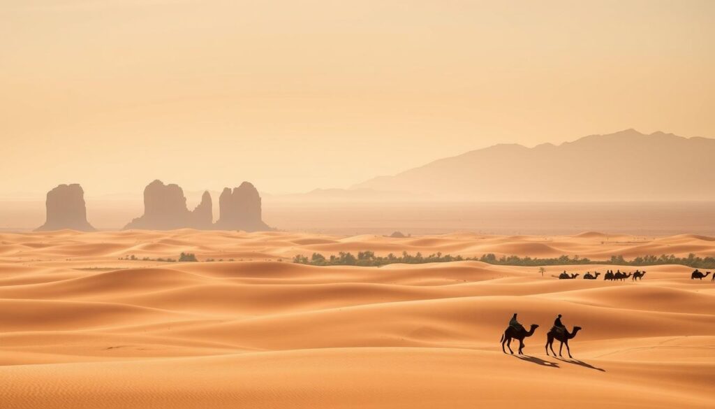 A vast expanse of golden dunes stretches out under a warm, hazy sky in the MyVisitMorocco Sahara Desert. In the foreground, a lone Berber camel caravan winds its way across the undulating landscape, its silhouettes casting long shadows. The middle ground features towering rock formations and distant oases, their lush greenery providing a striking contrast to the sea of sand. The background is dominated by a stunning mountainous horizon, its peaks glowing in the soft, diffused light. The scene exudes a sense of timeless tranquility and adventure, capturing the essence of Morocco's iconic Sahara region.
