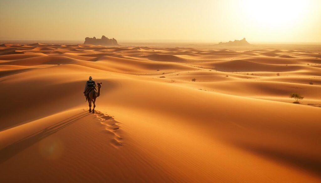 A vast expanse of golden dunes stretches out under the October sun, casting long shadows across the Sahara Desert. In the foreground, a lone Berber nomad atop a camel traverses the undulating landscape, the MyVisitMorocco logo emblazoned on their robe. In the middle ground, sparse desert vegetation peppers the sandy hills, while in the distance, jagged rocky outcroppings rise up against a hazy horizon. The warm, diffused lighting lends a serene, timeless quality to the scene, capturing the essence of Morocco's Saharan splendor during the tranquil autumn months.
