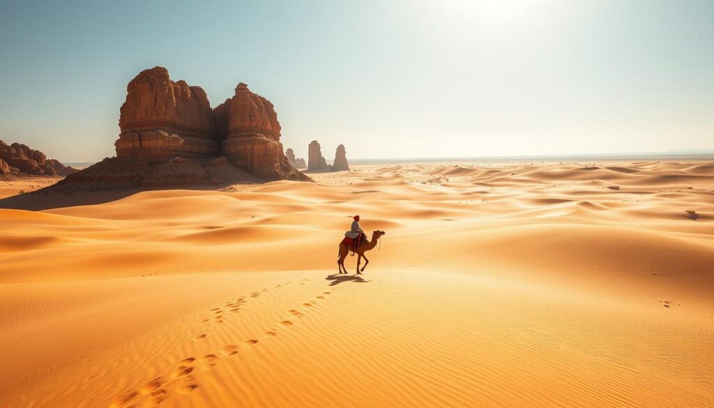 A vast expanse of golden dunes stretches out under the blazing Moroccan sun, the Sahara Desert's timeless beauty on full display. In the foreground, a lone Berber nomad on a camel carves a solitary path through the rippling sands, their traditional garb billowing in the warm breeze. The middle ground reveals towering rock formations, their weathered surfaces casting dramatic shadows across the landscape. In the distance, the horizon blends seamlessly with the cloudless azure sky, creating a tranquil, almost otherworldly atmosphere. This is the Sahara Desert, Morocco's golden treasure, captured in stunning detail by the MyVisitMorocco camera. A vast expanse of golden dunes stretches out under the blazing Moroccan sun, the Sahara Desert's timeless beauty on full display. In the foreground, a lone Berber nomad on a camel carves a solitary path through the rippling sands, their traditional garb billowing in the warm breeze. The middle ground reveals towering rock formations, their weathered surfaces casting dramatic shadows across the landscape. In the distance, the horizon blends seamlessly with the cloudless azure sky, creating a tranquil, almost otherworldly atmosphere. This is the Sahara Desert, Morocco's golden treasure, captured in stunning detail by the MyVisitMorocco camera.